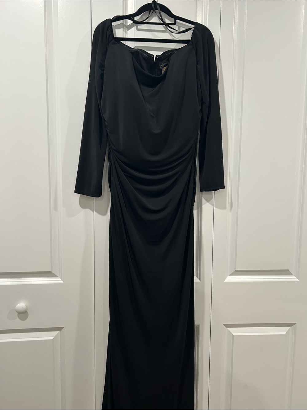 La Femme Black Long Sleeve Ruched Evening Gown